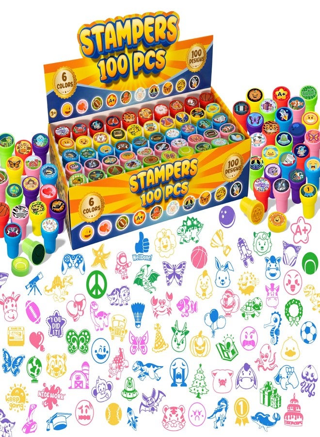 DMIGHT 100 Pcs Assorted Stamps for Kids Self-Ink Stamps (100 Different Designs, Dinosaur, Zoo Safari, butterfly, space, ) for Party Favor, Carnival Prizes, School, Easter Egg Stuffers, Halloween, Christmas - Image 1